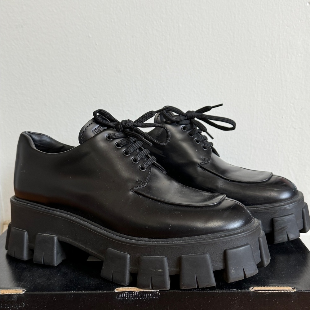 Prada-Lug Sole Polished Leather Creepers